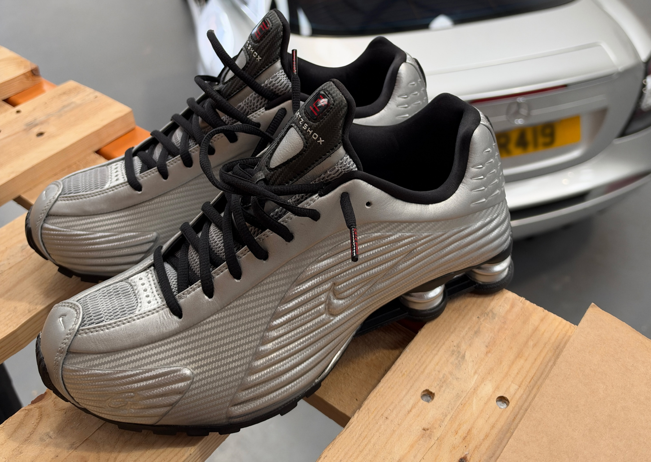 Corteiz x Nike Shox R419 Metallic Silver