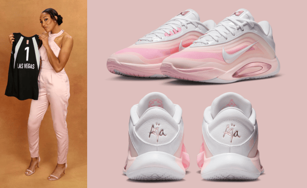 A'ja Wilson wearing her pink outfit in 2018 (left) and the Nike A'One #1 Draft Pick inspired by her outfit (right)