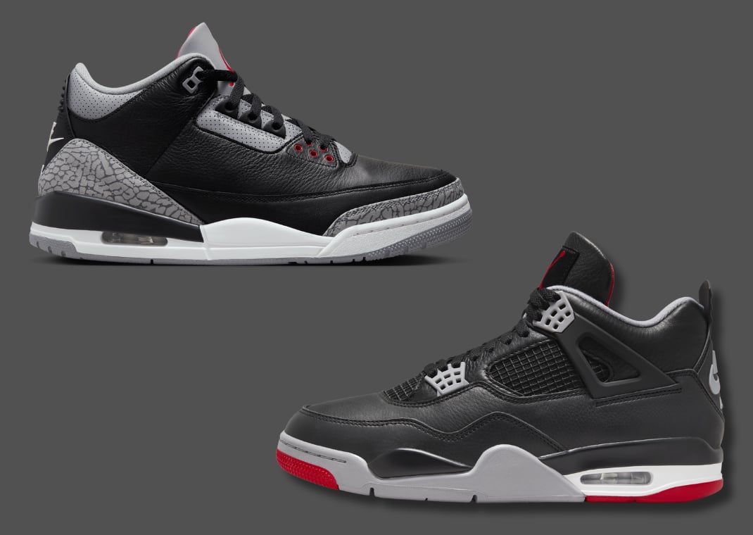 Air Jordan 3 Black Cement (left) vs. Air Jordan 4 Bred Reimagined (right)