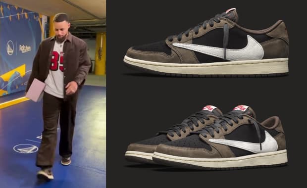 Steph Curry wearing the Travis Scott Jordan 1 Low