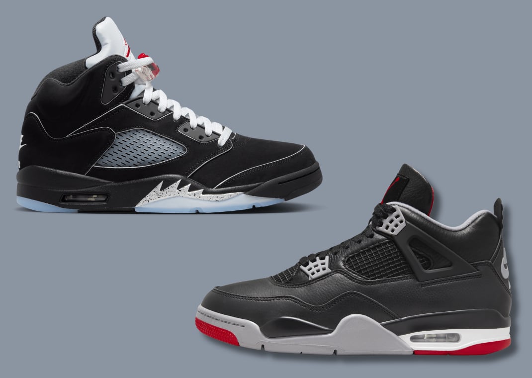 Air Jordan 5 Black Metallic Reimagined (left) vs. Air Jordan 4 Bred Reimagined (right)