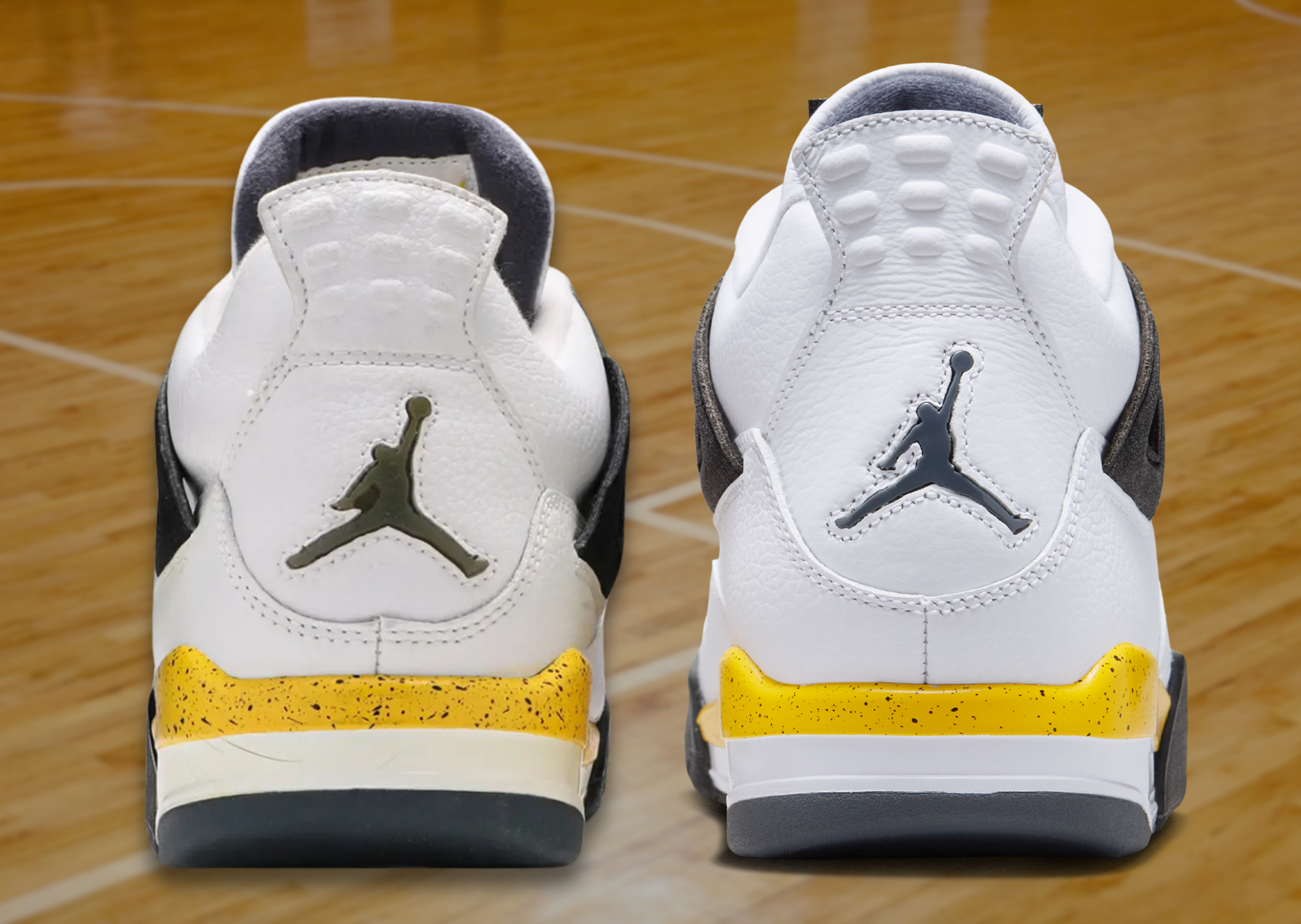 2006 Air Jordan 4 Retro Tour Yellow (left) vs 2026 Air Jordan 4 Retro Tour Yellow (right)