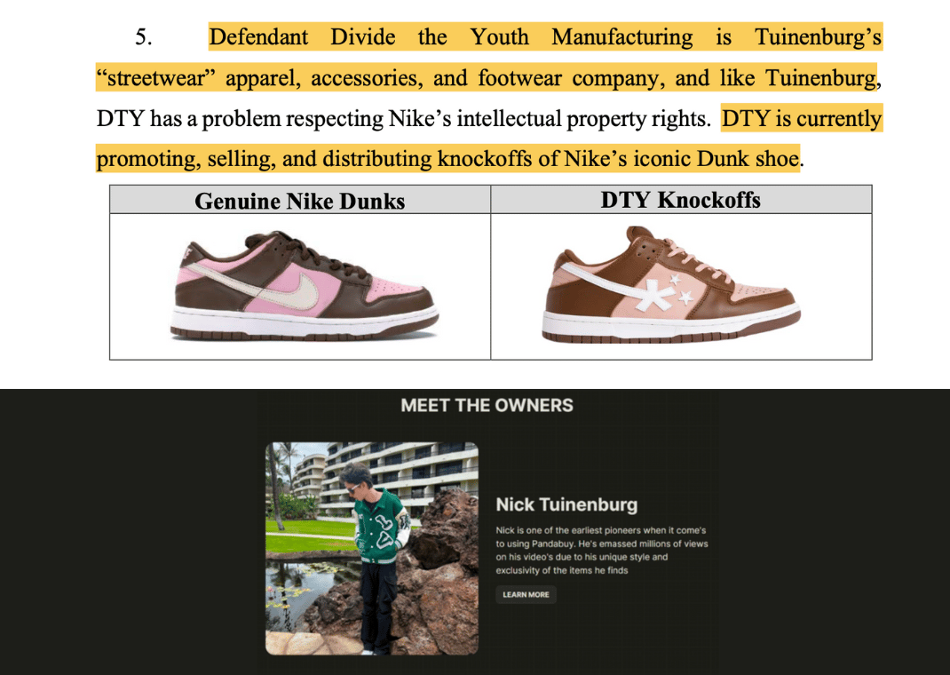 Court Documents Showcasing Divide The Youth's Alleged Trade Dress Violation Against The Nike Dunk