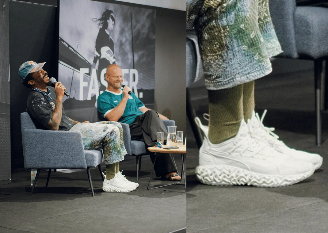 Salehe Bembury wearing unseen sneaker at Puma HQ