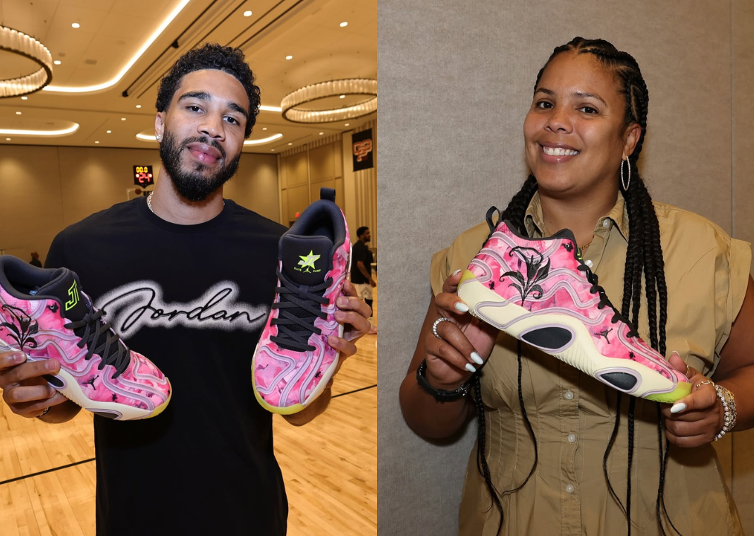Jayson Tatum (left) and his mother Brandy (right) with the Jordan Tatum 3 Tatum Camp PE