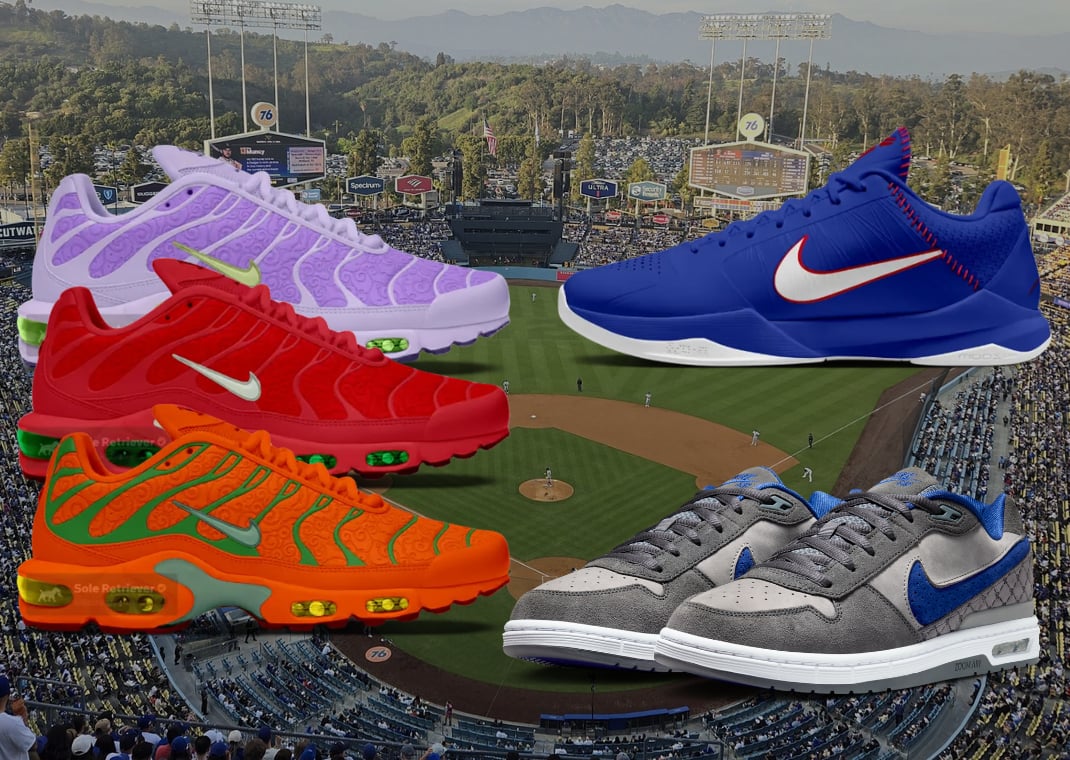 One Piece x Nike Air Max Plus mock-ups (left), Nike Kobe 5 Protro Dodgers mock-up (top), and Nike SB Paul Rodriguez Zoom Air Low Dodgers (bottom)