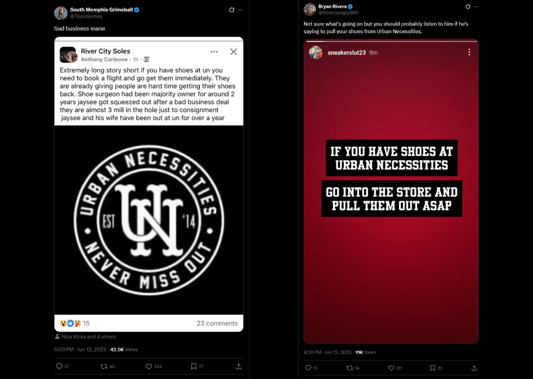 Screenshot of X posts regarding Urban Necessities