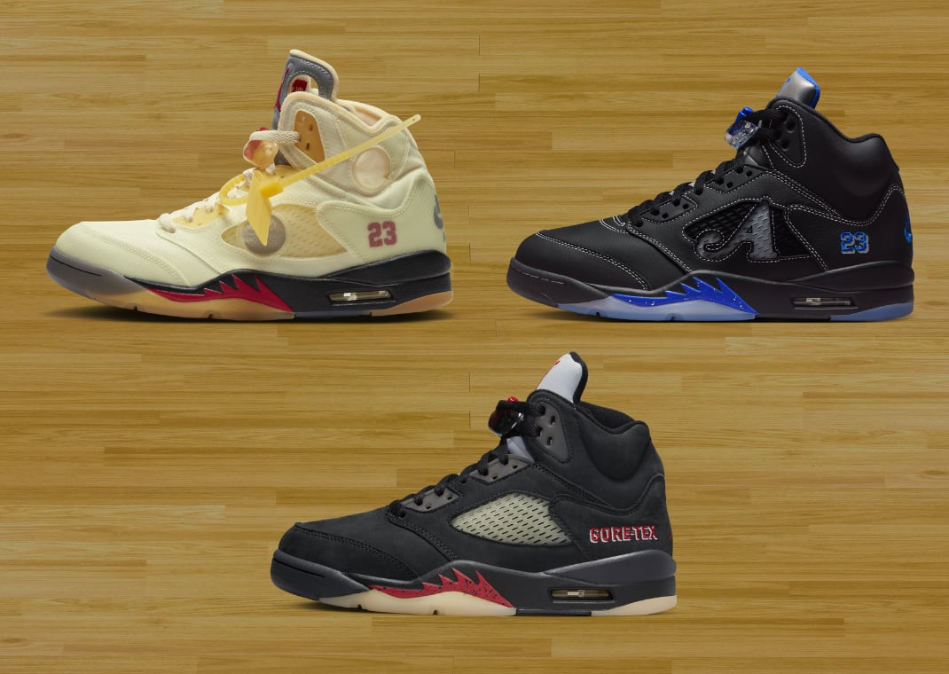 Off-White x Air Jordan 5 (top left), Air Jordan 5 Gore-Tex (middle), and Awake NY x Air Jordan 5 (top right)