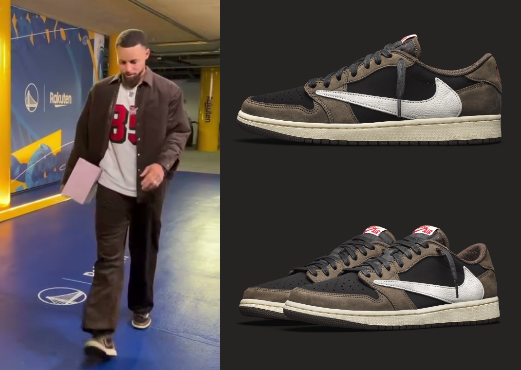 Steph Curry wearing the Travis Scott Jordan 1 Low
