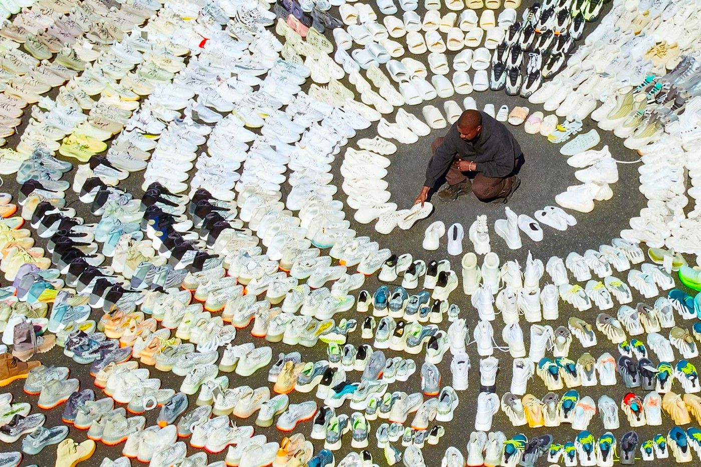 Kanye West surrounded by unreleased Yeezy samples
