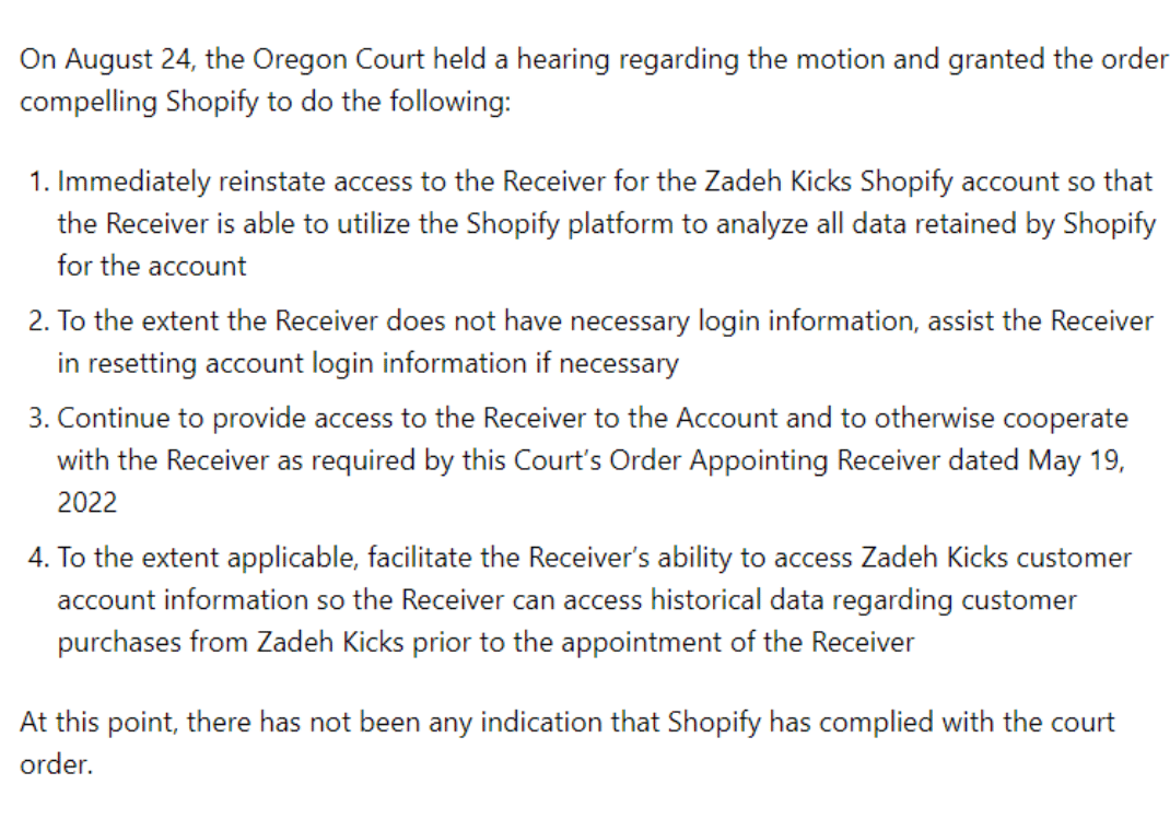 Court Order Compelling Shopify To Cooperate In The Zadeh Kicks Case (Image via 