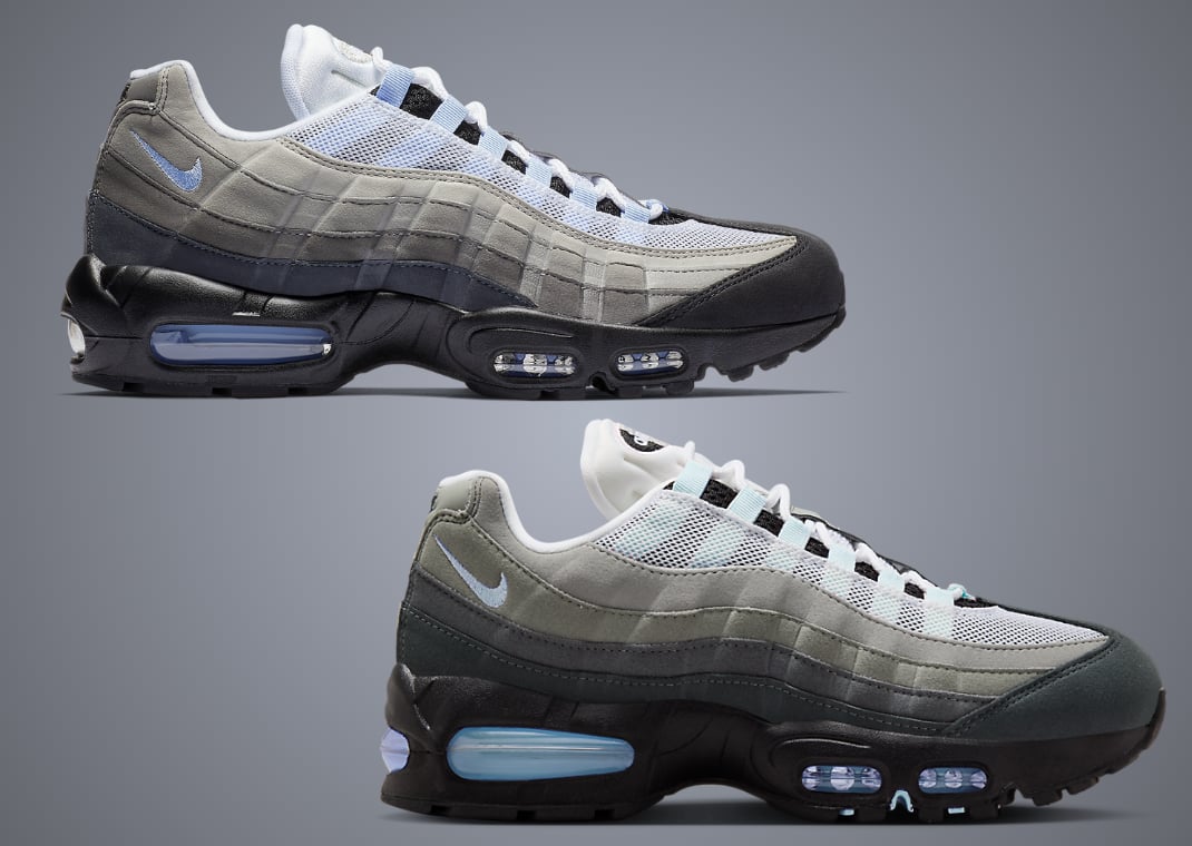 Nike Air Max 95 OG Aluminum (2019, top) vs. Nike Air Max 95 OG Blue Tint (2025 mockup, bottom)