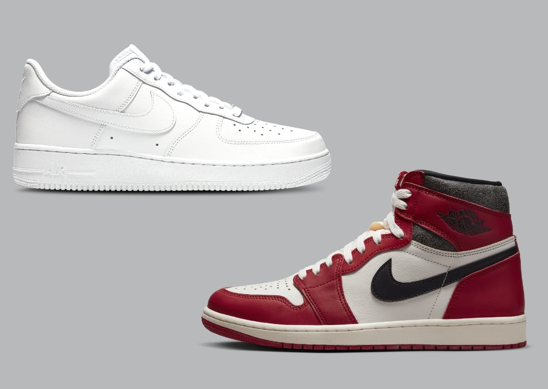 Nike Air Force 1 Low Triple White (top) vs. Air Jordan 1 Retro High OG Lost & Found (bottom)
