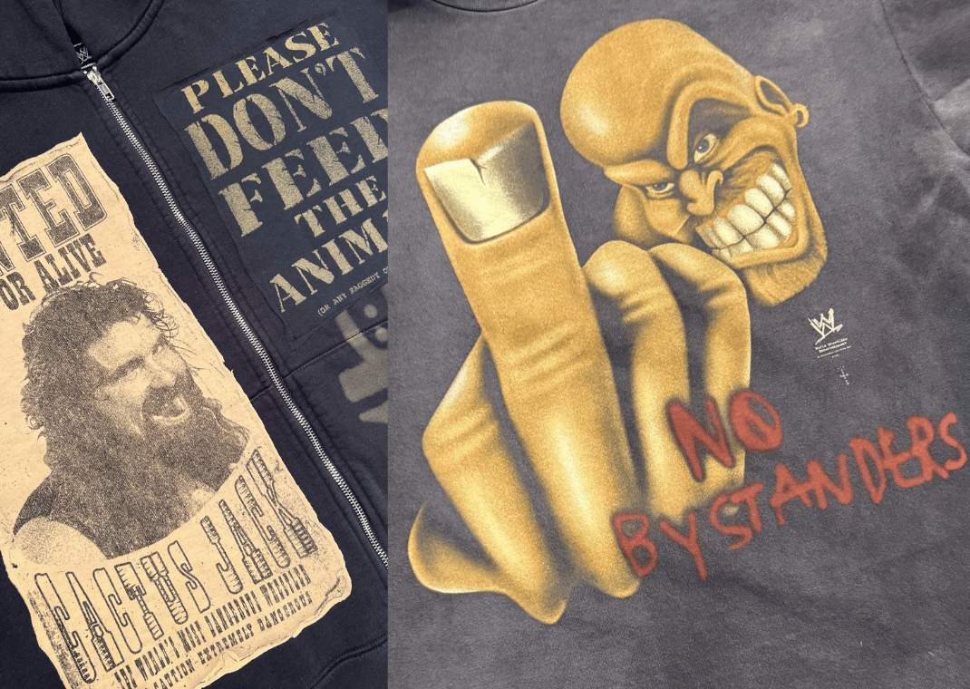 Cactus Jack Mick Foley hoodie (left) and Stone Cold Steve Austin shirt (right)
