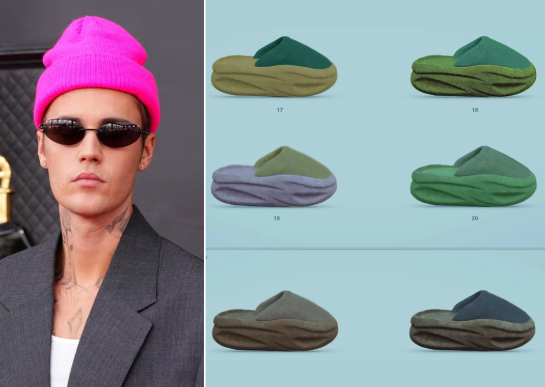 Justin Bieber with his brand's upcoming SKYLRK Slides