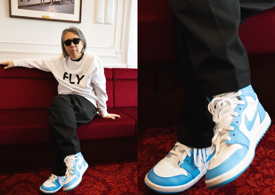 Hiroshi Fujiwara wearing a sample of the Air Jordan 1 High 85 UNC
