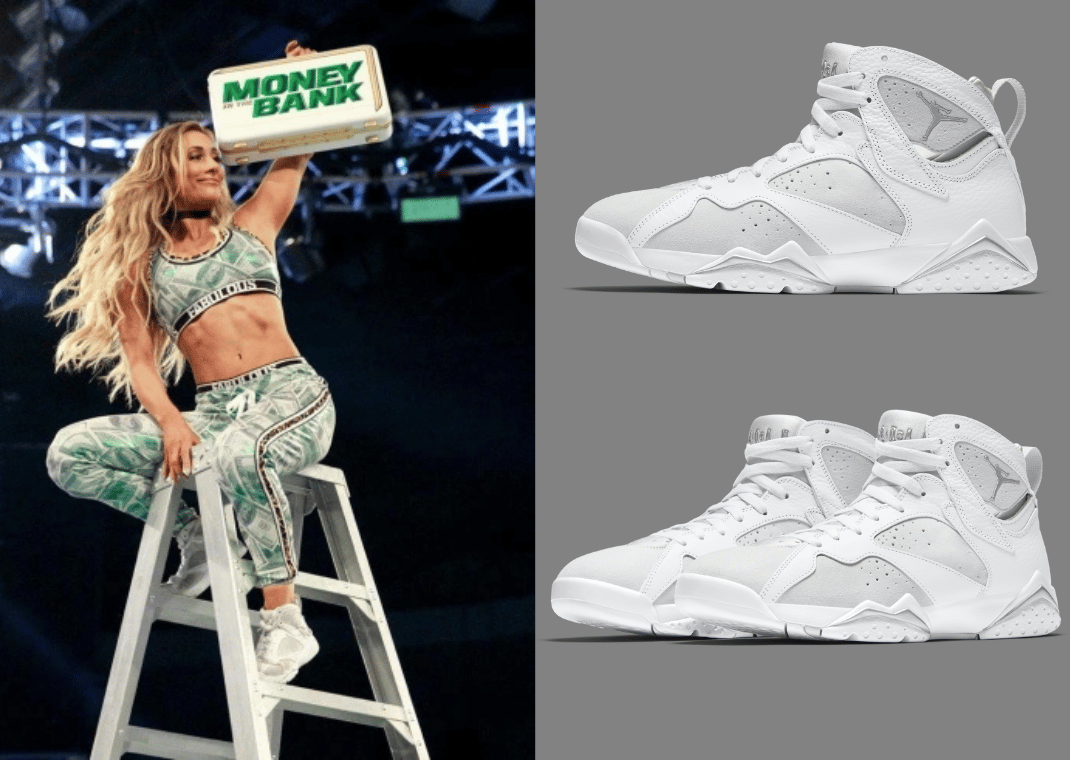Carmella winning the Money In The Bank briefcase in the Air Jordan 7 Pure Platinum