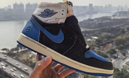 The fragment x Union LA x Jordan 1 High Sport Royal is covered in Shaggy Suede and Premium Leather