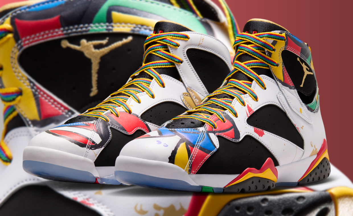 Air Jordan 7 Retro Miro in its classic colorway, showing the distinctive Huarache ankle strap and carbon fiber shank plate
