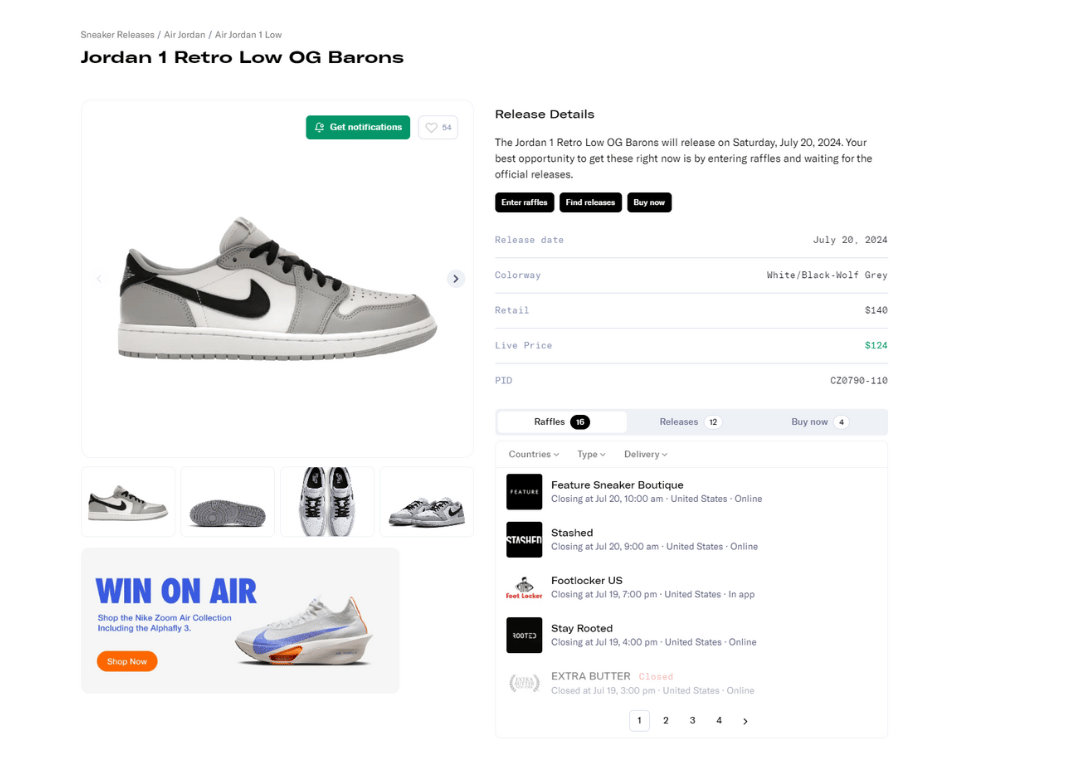 Air Jordan 1 Retro Low OG Wolf Grey Raffle Page