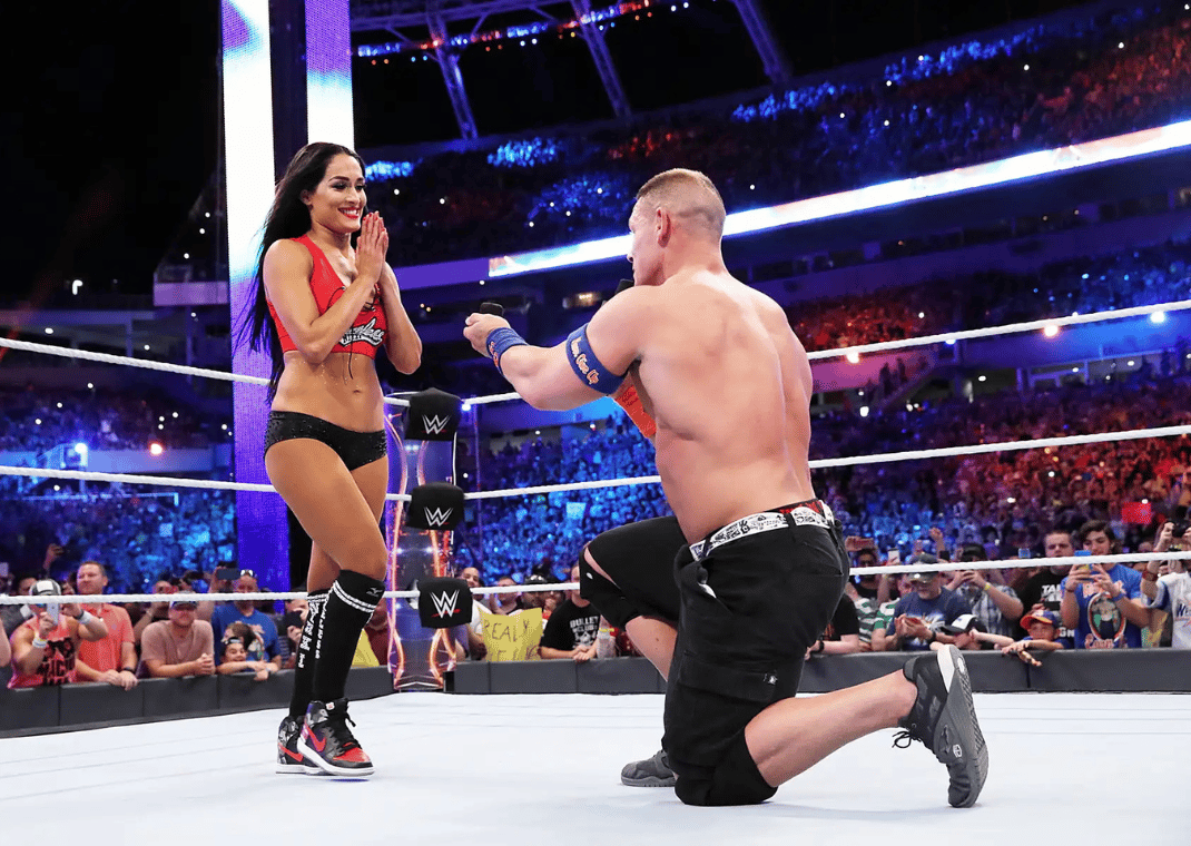 John Cena proposing to Nikki Bella while she's wearing Mache custom Nike Dunks