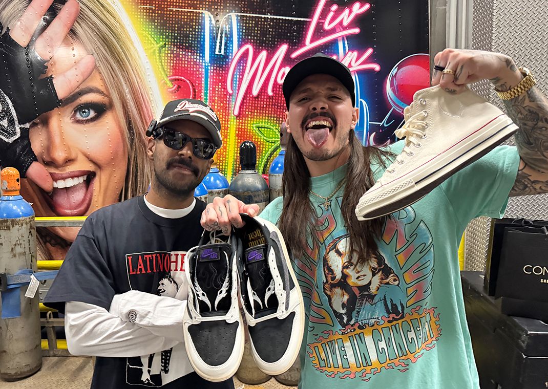 Vick Almighty with Dominik Mysterio and his custom Travis Scott Jordan 1 Lows