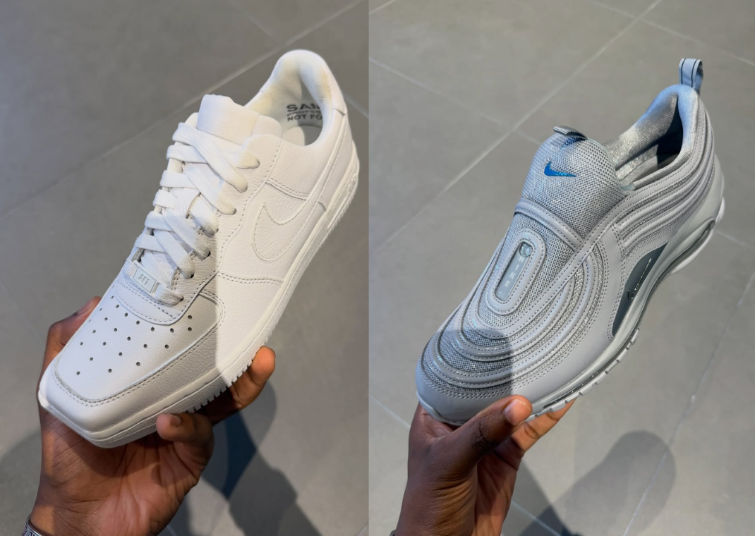 Nike Air Force 1 Low Squared Toe (left) and Laceless Nike Air Max 97 (right)
