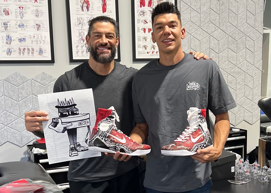 Roman Reigns (left) with Coessneakers (right) holding the custom Tribal Chief Nike Kobe 9 Elite Protros