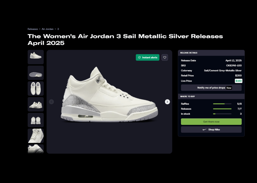 Air Jordan 3 Retro Sail Metallic Silver (W) Raffle Page