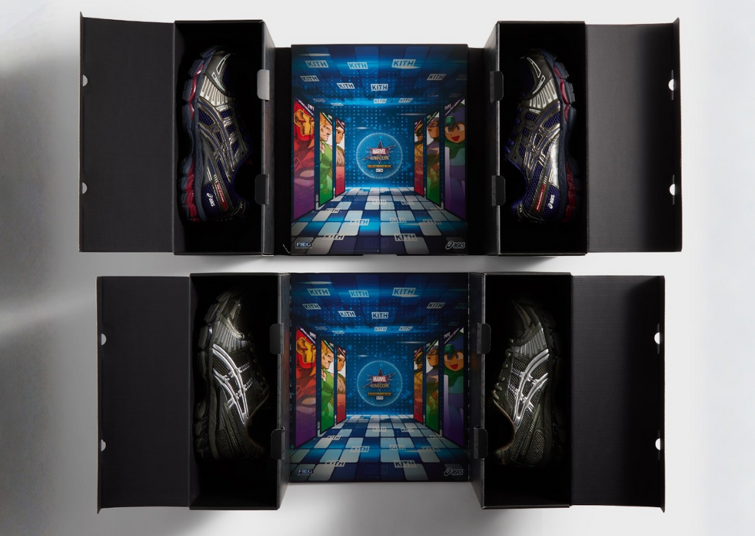 Kith x Marvel vs. Capcom x Asics Gel-Kayano 12.1 Captain America vs. Guile Packaging
