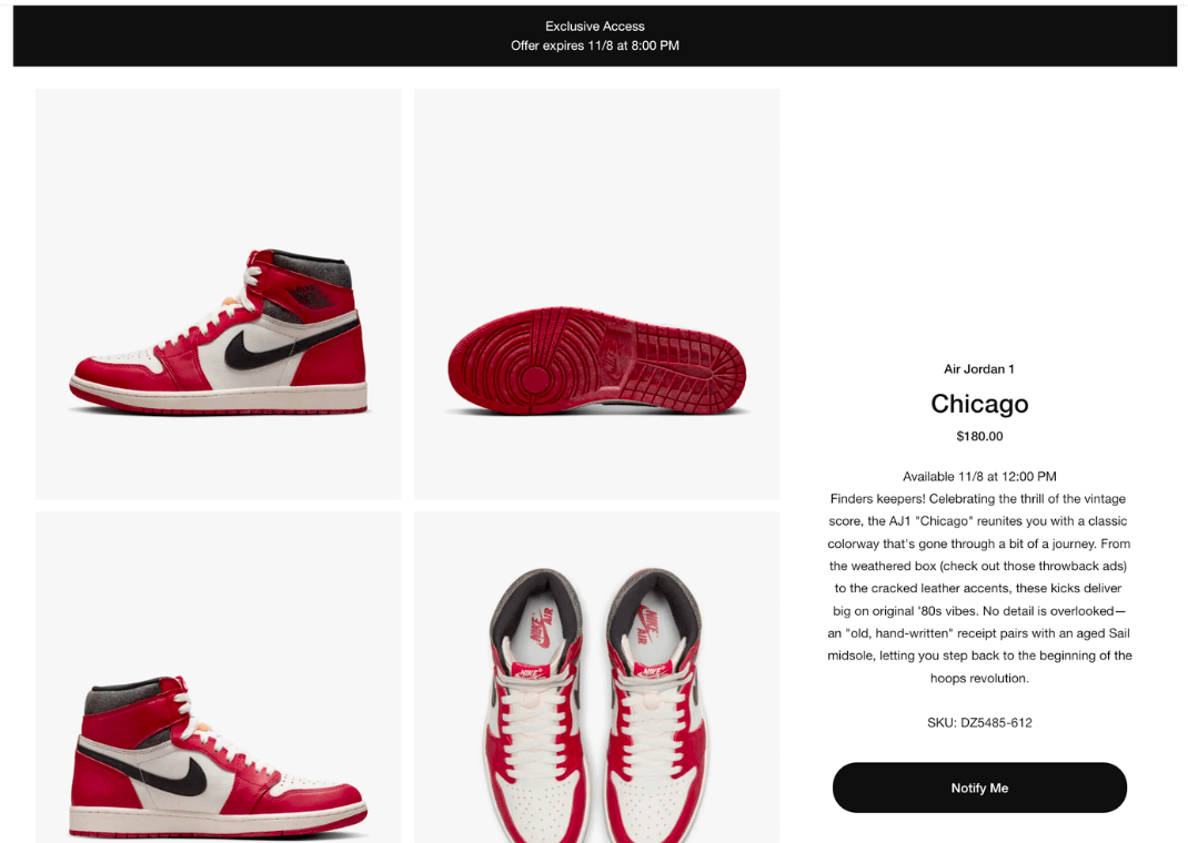 Example of SNKRS Exclusive Access for the Jordan 1 Lost and Found