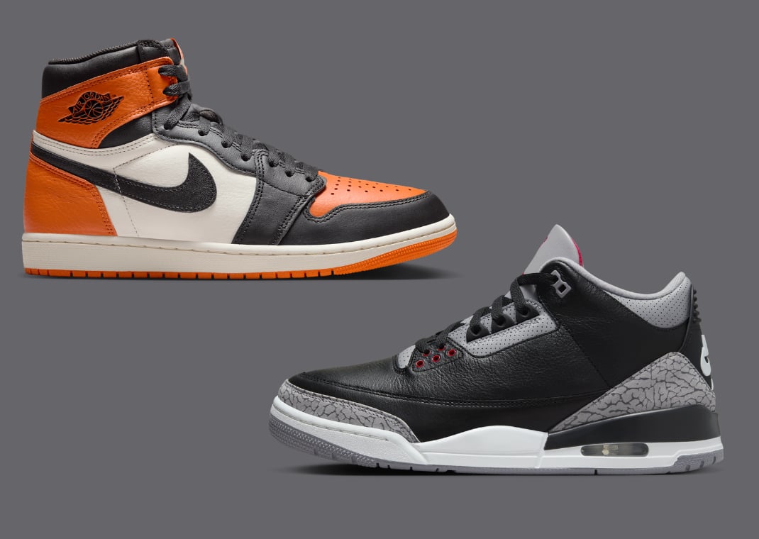 Air Jordan 1 Retro High OG Shattered Backboard (top) vs. Air Jordan 3 Retro Black Cement