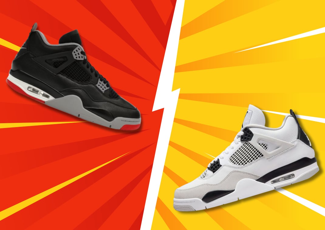 Jordan 4 Bred Reimagined with the updated shape (left) vs. Jordan 4 Military Black with older shape (left)