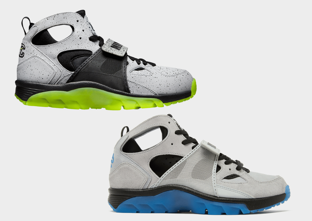 Nike Air Trainer Huarache Cement City (2014) and Nike Air Trainer Huarache Wolf Grey Star Blue (2025)