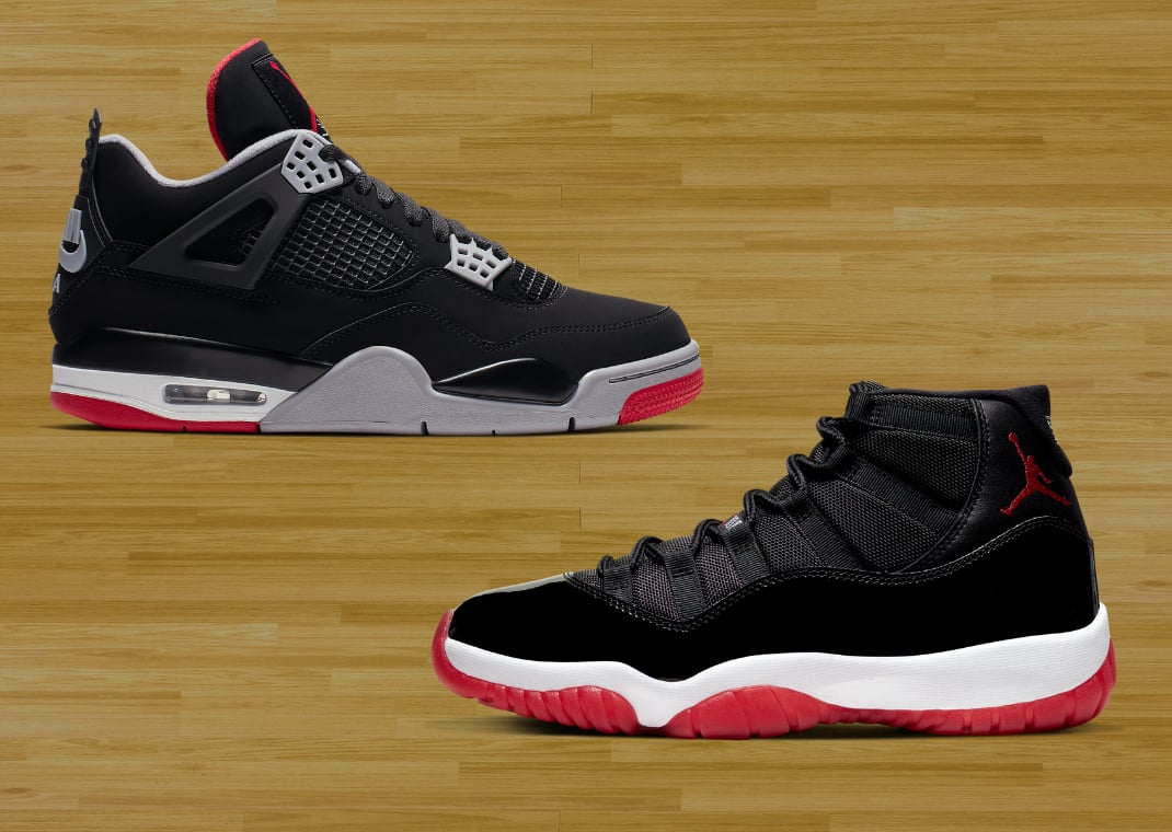 Air Jordan 4 Retro Bred (top) vs. Air Jordan 11 Retro Bred (bottom)