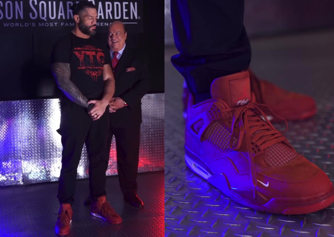 Roman Reigns with Paul Heyman wearing the Nigel Sylvester x Air Jordan 4 Brick by Brick