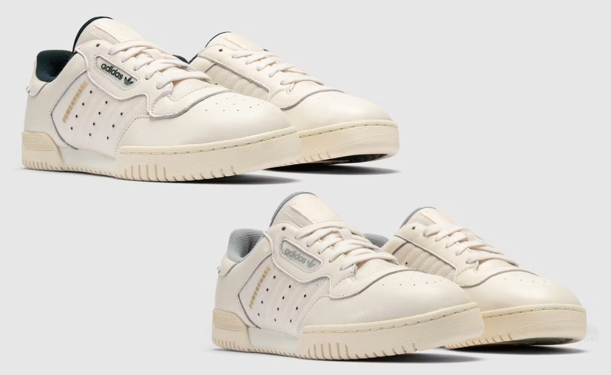 The Whitaker Group x adidas Powerphase in White Mint and White Green leather with gold Powerphase branding