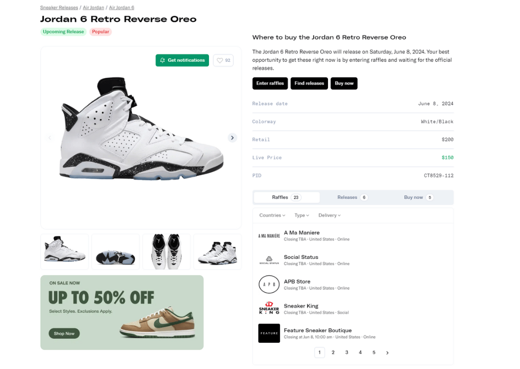 Air Jordan 6 Retro Reverse Oreo Raffle Page