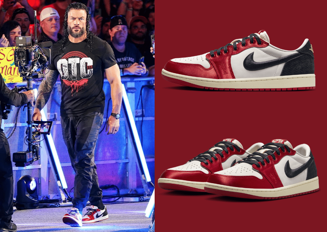 Roman Reigns entering SummerSlam in the Trophy Room x Air Jordan 1 Retro Low OG Away