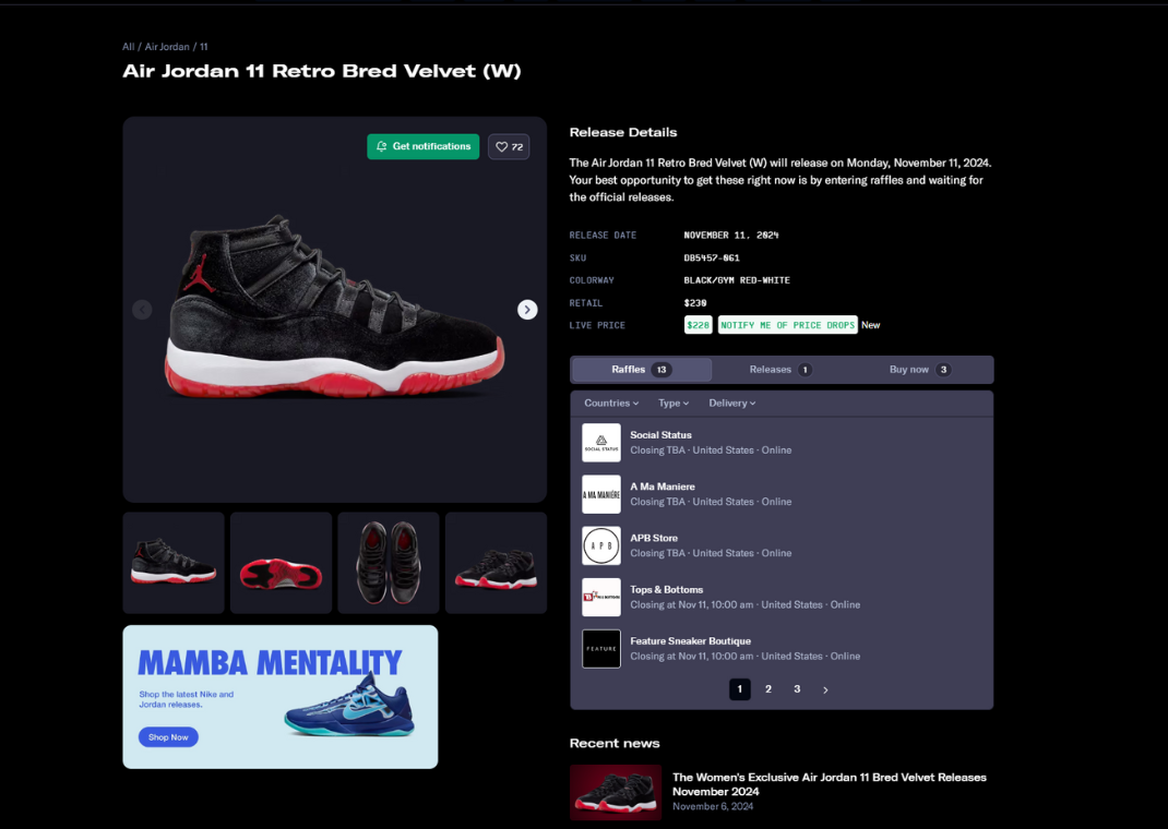 Air Jordan 11 Retro Bred Velvet (W) Raffle Page