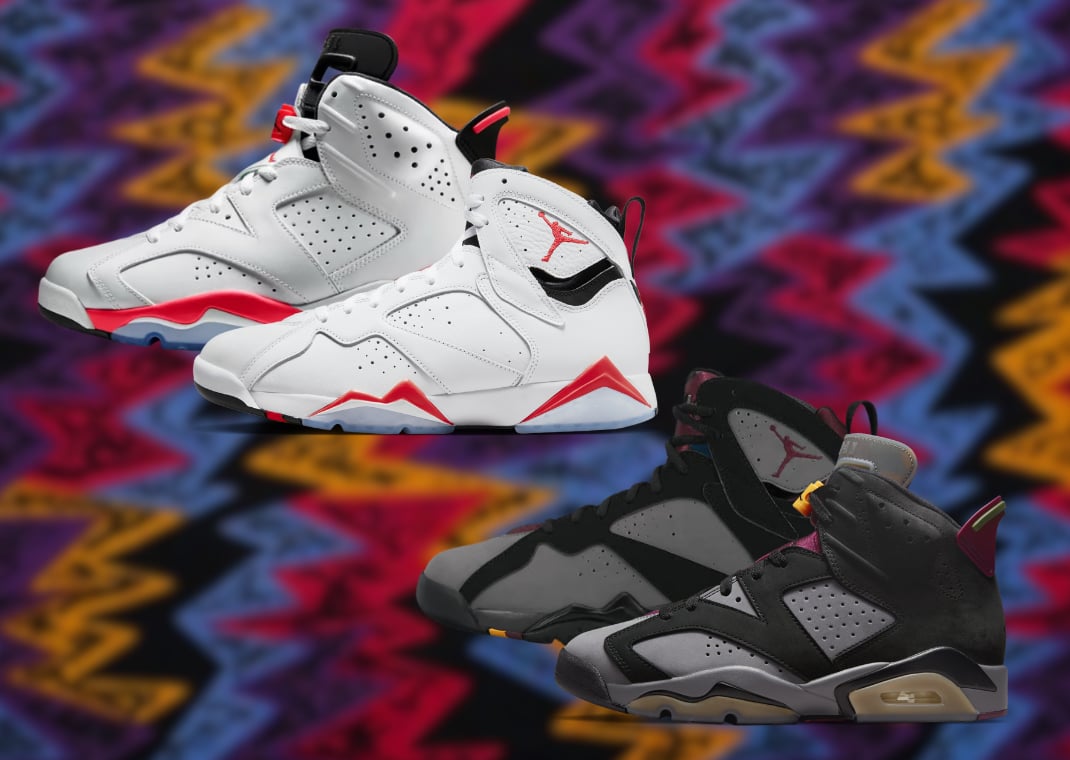 Air Jordan 6 Retro White Infrared & Air Jordan 7 Retro White Infrared (top) vs. Air Jordan 7 Retro Bordeaux & Air Jordan 6 Retro Bordeaux
