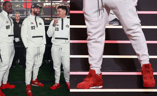 Travis Kelce wearing the Nigel Sylvester x Air Jordan 4 Brick by Brick