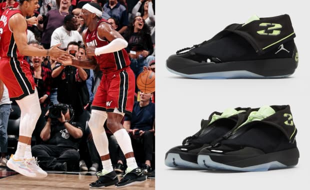 Bam Adebayo wearing the Air Jordan 4028 Black Barely Volt