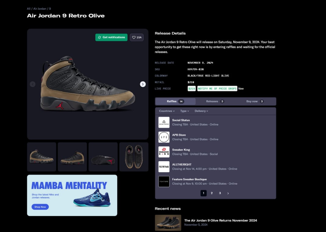 Air Jordan 9 Olive Raffle Page