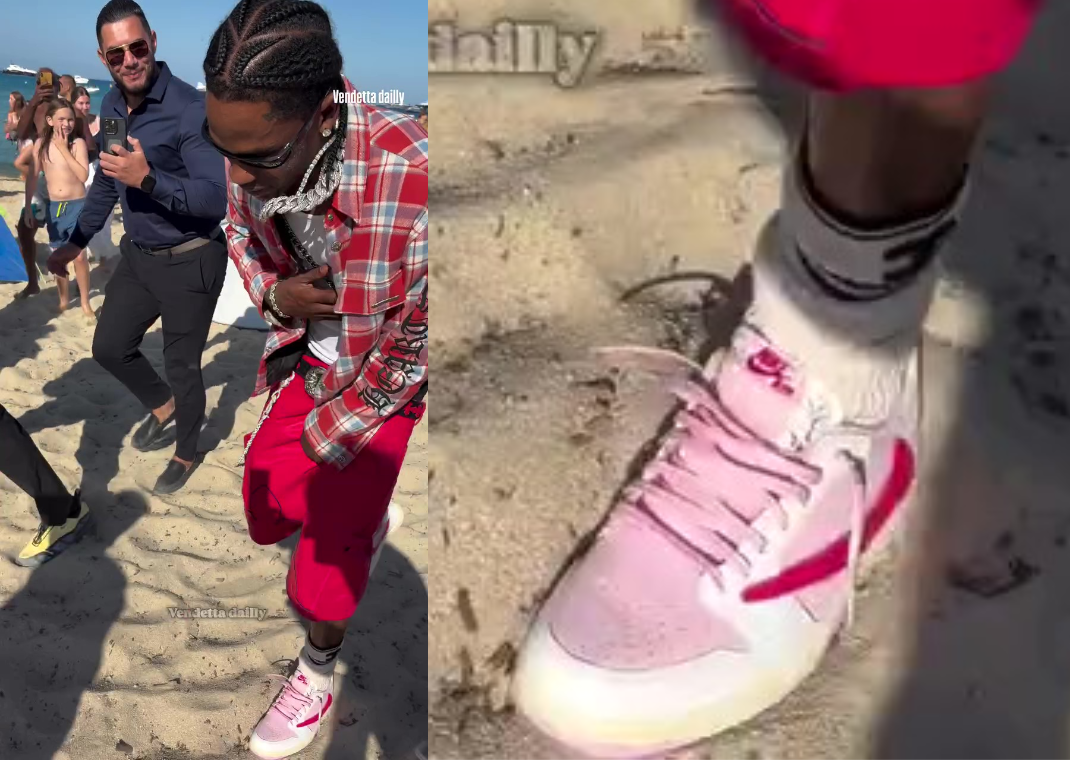 Travis Scott wearing the canceled Travis Scott x Air Jordan 1 Retro Low OG Shy Pink