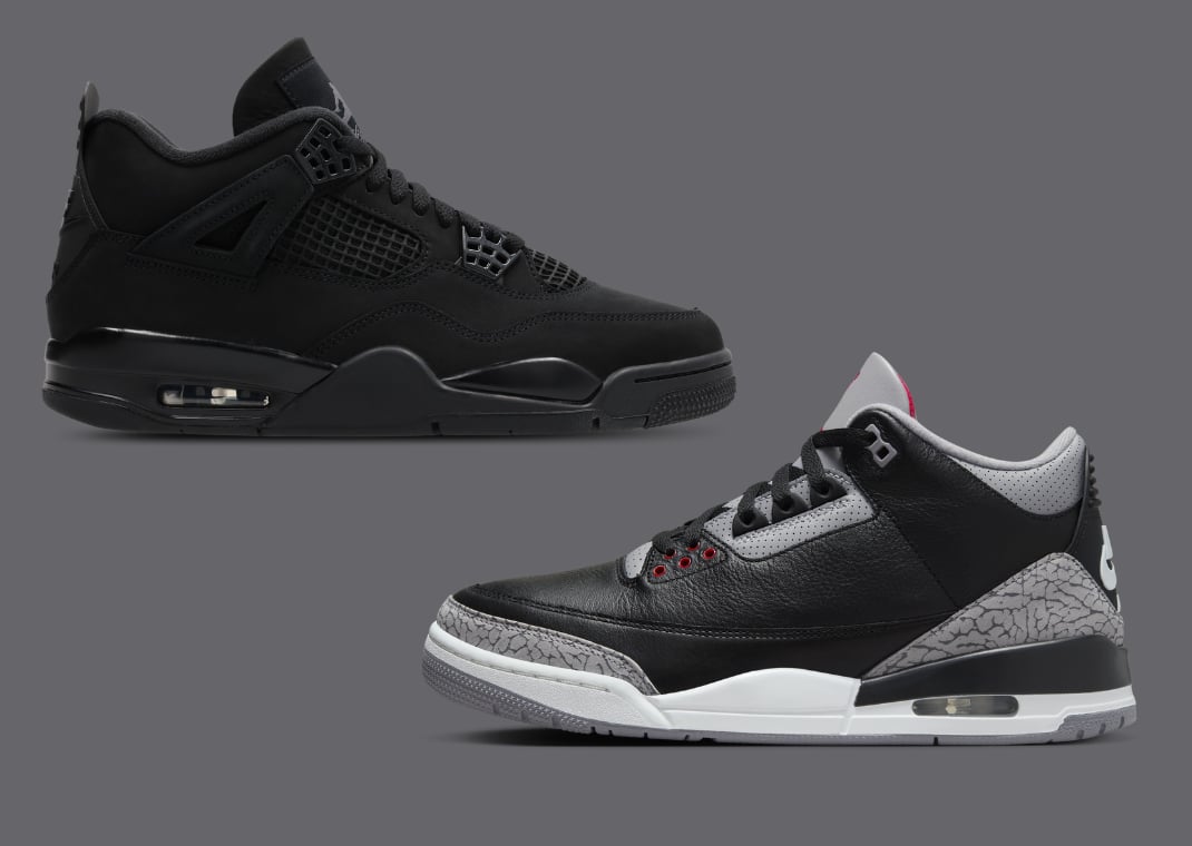 Air Jordan 4 Retro Black Cat (top) vs. Air Jordan 3 Retro Black Cement (bottom)