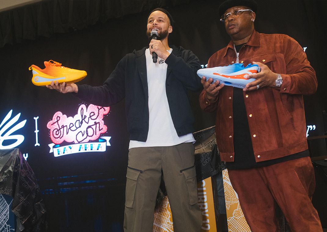 Steph Curry (left) with E-40 (right) holding the Under Armour Curry 12 What The Bay