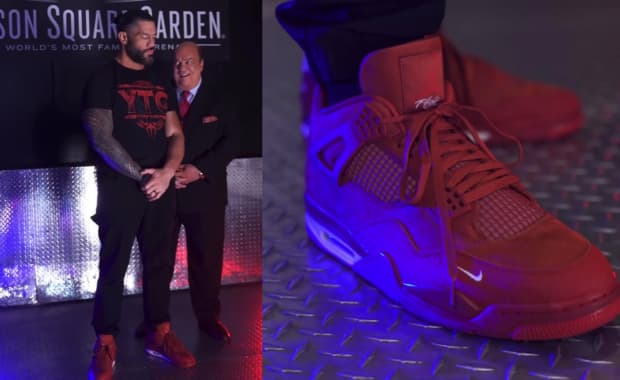 Roman Reigns with Paul Heyman wearing the Nigel Sylvester x Air Jordan 4 Brick by Brick