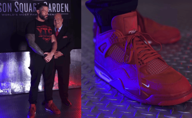 Roman Reigns with Paul Heyman wearing the Nigel Sylvester x Air Jordan 4 Brick by Brick
