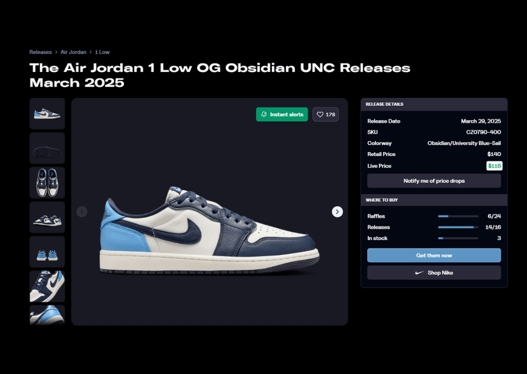 Air Jordan 1 Low OG Obsidian UNC Raffle Page